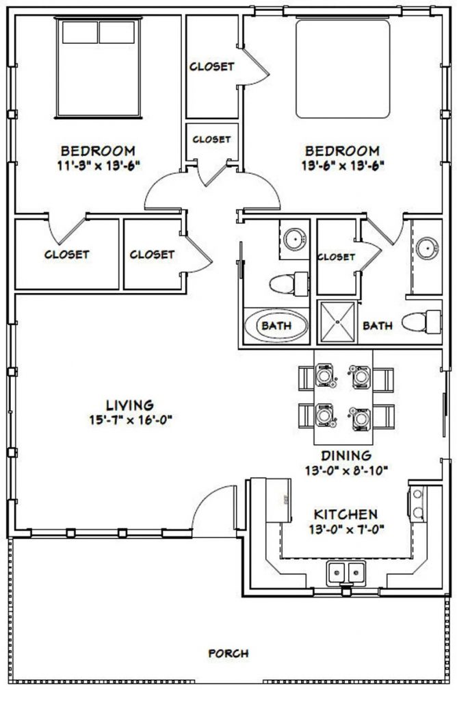 30x40-Simple-House-Plan-2-Bedrooms-2-Baths-1136-sq-ft-PDF-Floor-Plan-layout-plan