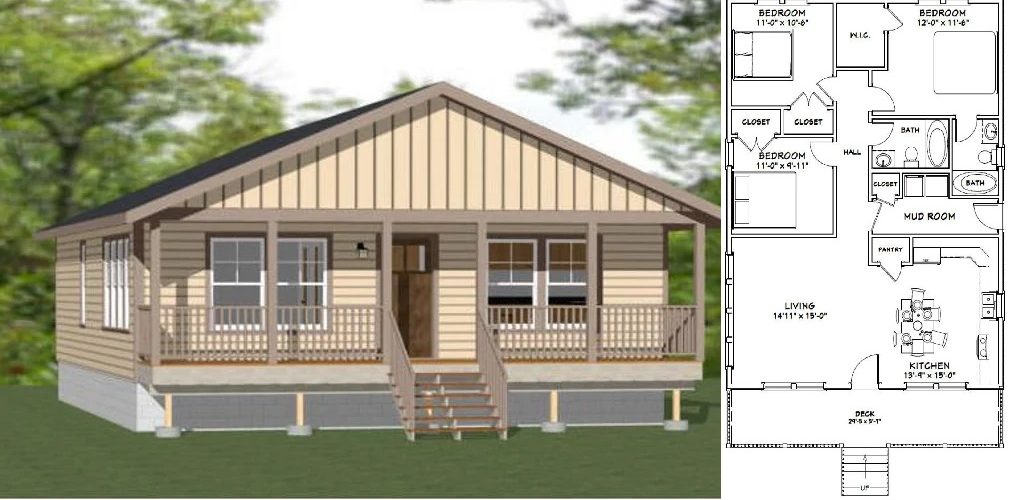 30×40 Simple House Plans 3 Bedrooms 2 Baths 1200 sq ft PDF Floor Plan