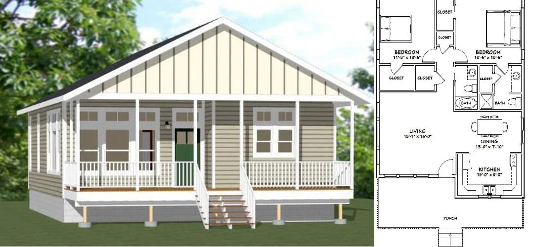30×40 Small House Plans 2 Bedrooms 2 Baths 1136 sq ft PDF Floor Plan