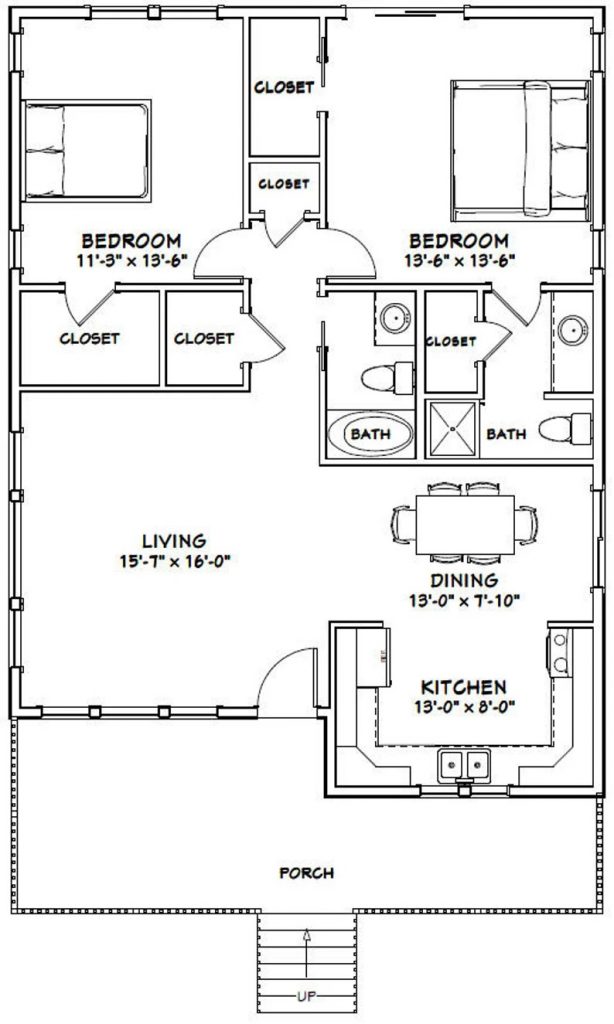 30x40-Small-House-Plans-2-Bedrooms-2-Baths-1136-sq-ft-PDF-Floor-Plan-layout-plan