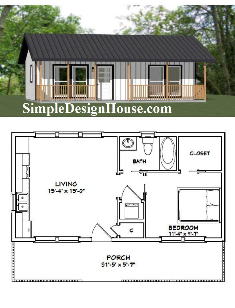 32x16 Small House 3d 1 Bedroom 1 Bath 512 sq ft PDF Floor Plan