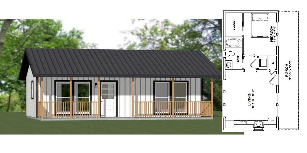 32×16 Small House 3d 1 Bedroom 1 Bath 512 sq ft PDF Floor Plan