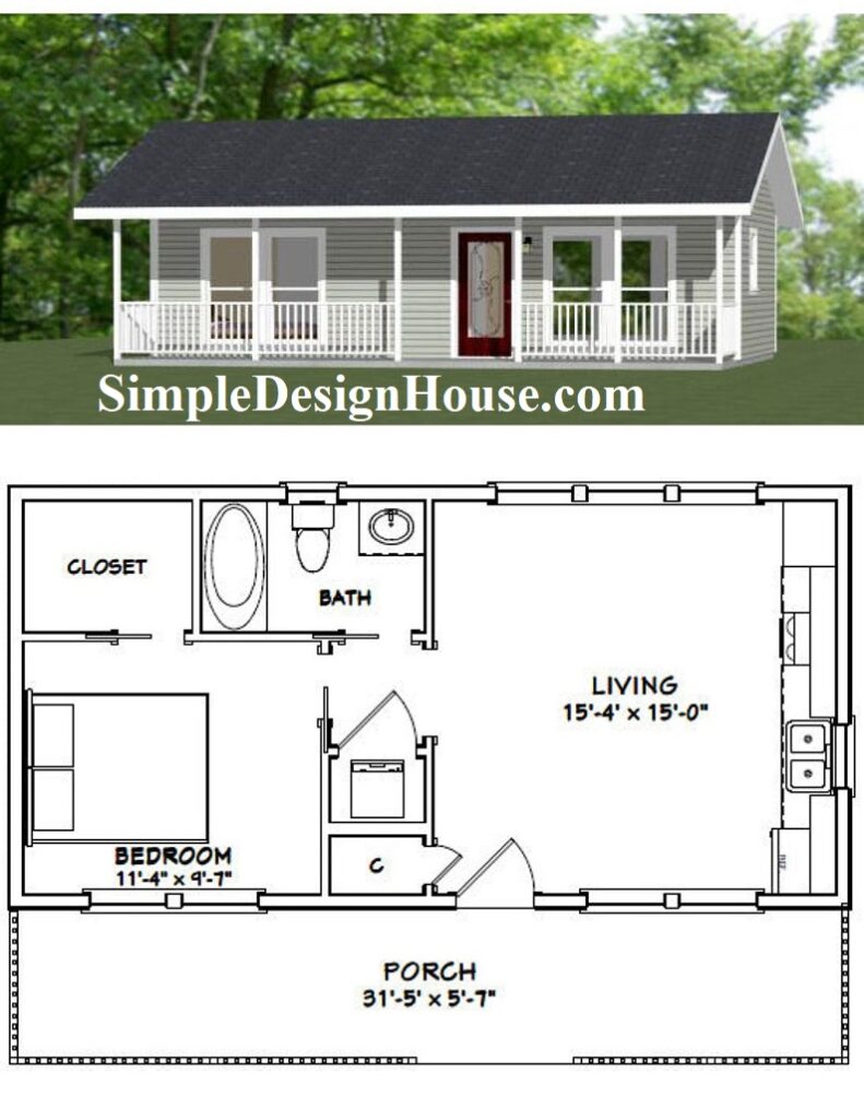32x16 Tiny House Idea 1 Bedroom 1 Bath 512 sq ft PDF Floor Plan - 3d