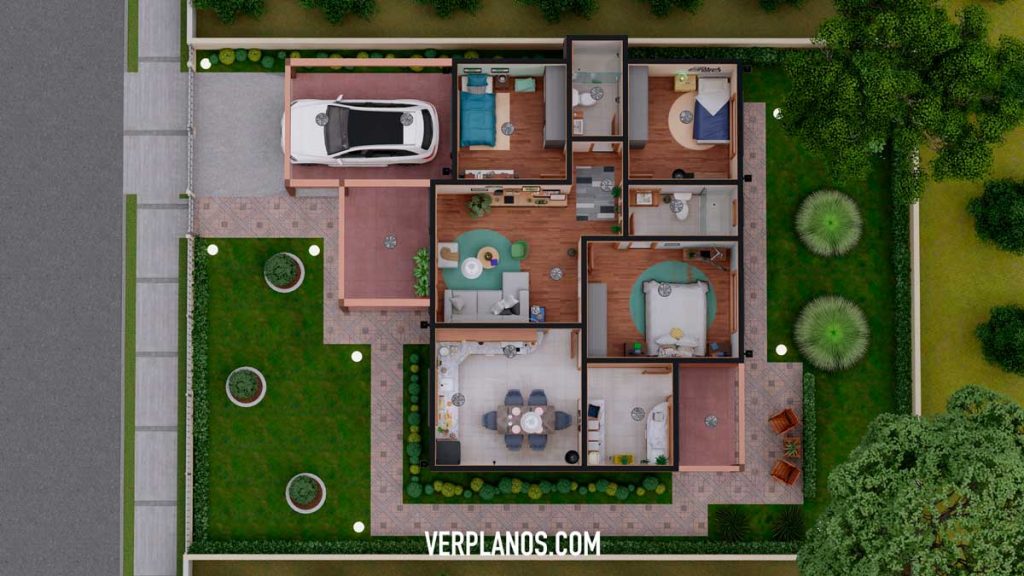Small Design House 12x8 Meter 3 Beds 2 Baths Free Download layout 3d plan