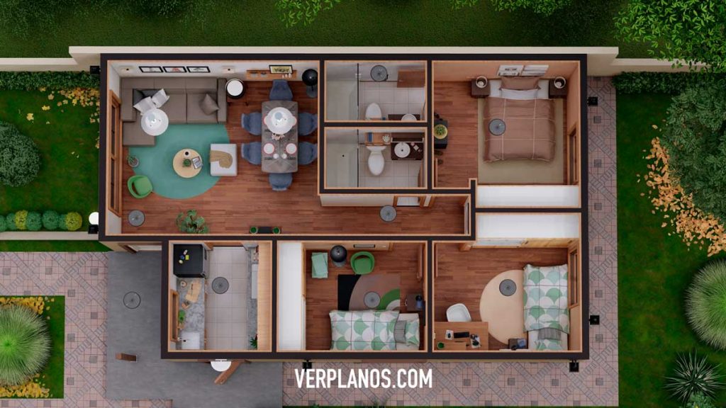 Small Design House 6x10 Meter 3 Beds 2 Baths Free Download layout 3d plan