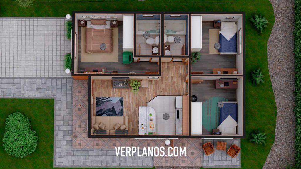 Small Design House 7x9 Meter 3 Beds 2 Bath Free Download layout 3d plan