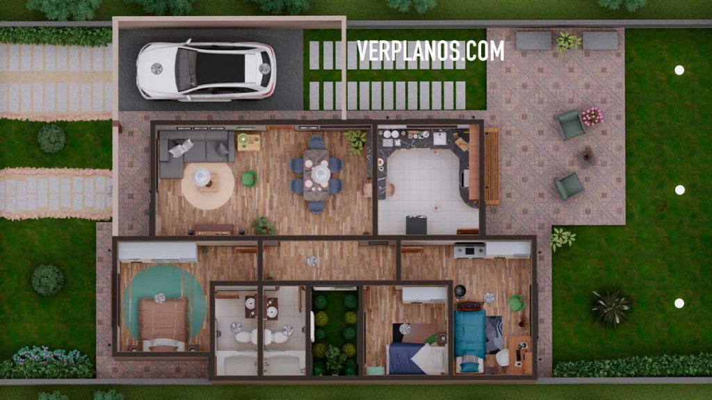 Small Design House 8x13 Meter 3 Beds 2 Baths Free Download layout 3d plan