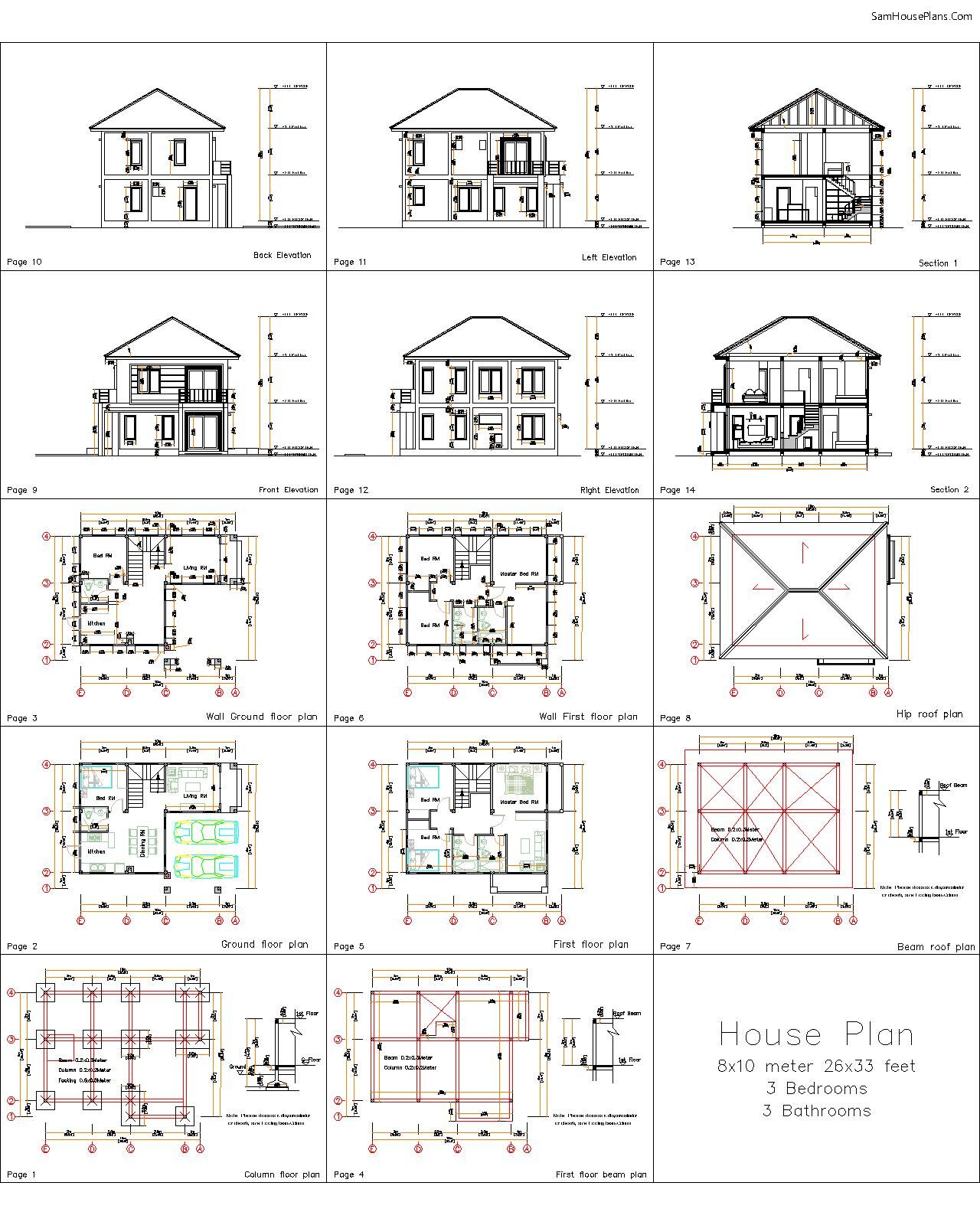Small Home Plan 8x10 Meter 26x33 Feet 3 Beds PDF Plan all floor plan