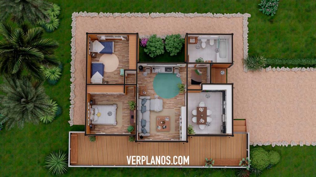 Small House Design 7x9 Meter 3 Beds 2 Bath Free Download layout 3d plan