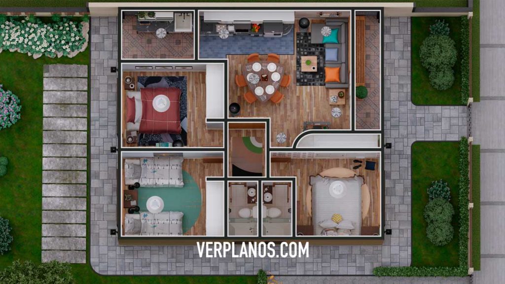 Small House Design 8x9 Meter 3 Beds 2 Baths Free PDF Plan layout 3d plan