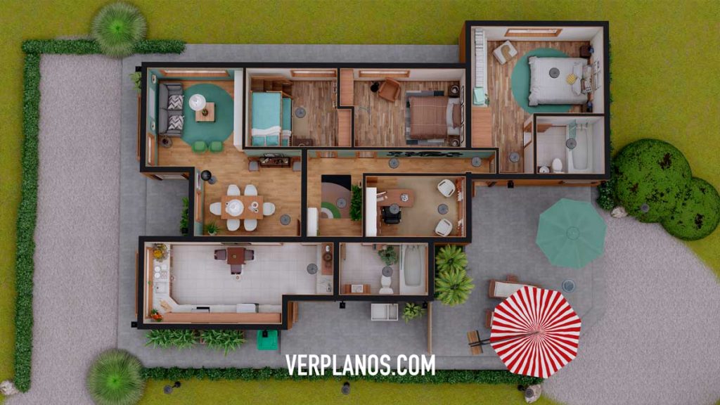 Small House Plan 10x16 Meter 3 Beds 2 Bath Free Download layout 3d plan