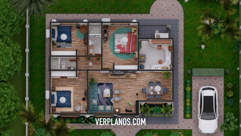 Modern House Plans 11x8 Meter 3 Beds 2 Baths Free Full Plan layout 3d plan