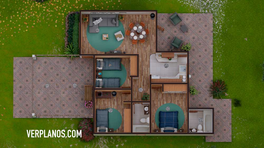 Simple House Design 10x10 Meter 3 Beds 2 Baths Free PDF Full Plan layout 3d plan