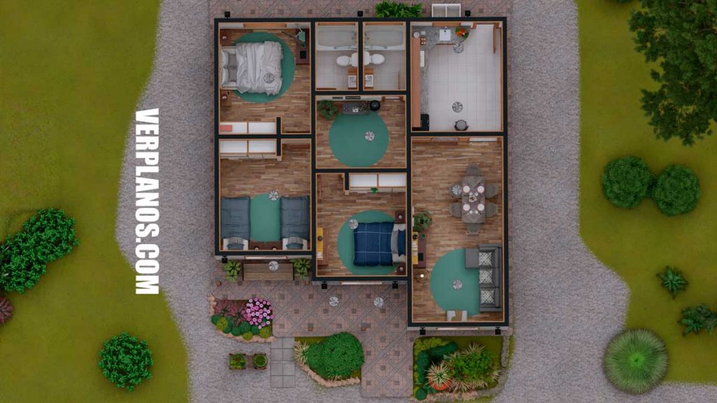 Simple House Plan 10x10 Meter 3 Beds 2 Baths Free PDF Plan layout 3d plan