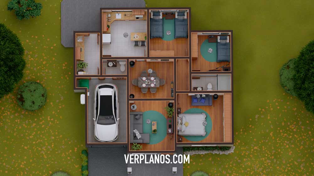 Simple House Plan 12x12 Meter 3 Beds 2 Baths Free PDF Full Plan layout 3d plan