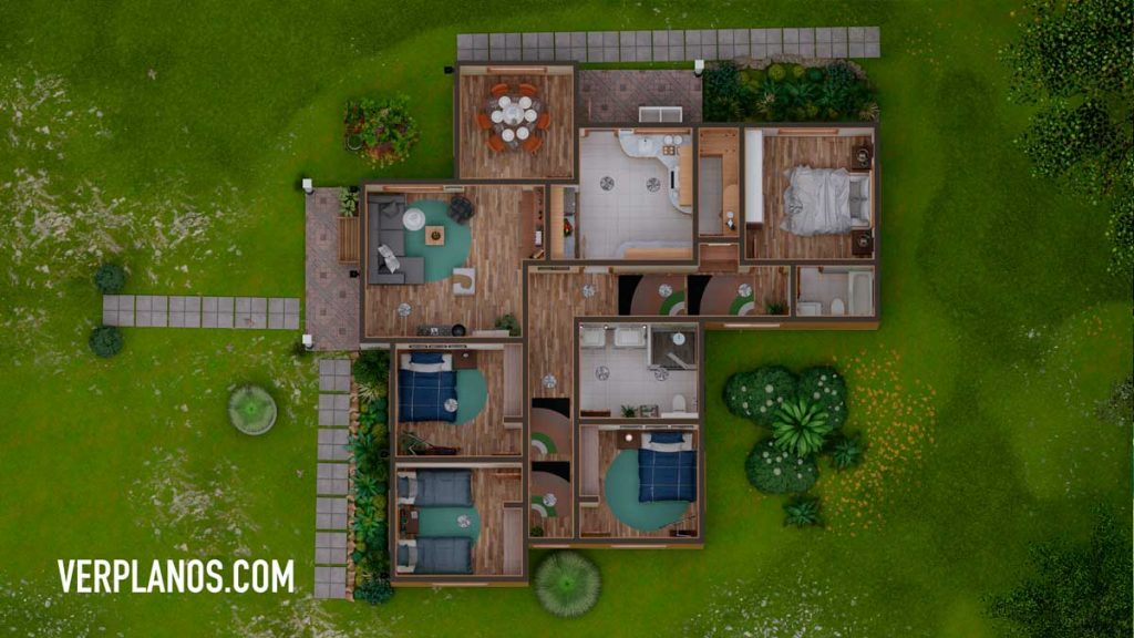 Simple House Plan 14x15 Meter 4 Beds 2 Baths Free PDF Full Plan layout 3d plan