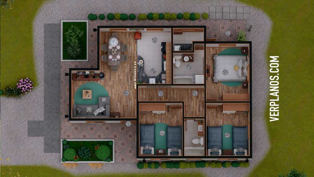 Simple House Plan 8x11 Meter 3 Beds 2 Bath Free PDF Full Plan layout 3d plan