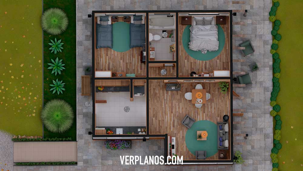 Simple House Plan 8x9 Meter 2 Beds 1 Bath Free Download Plan layout 3d plan