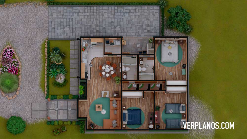 Simple House Plan 9x10 Meter 3 Beds 2 Baths Free PDF Full Plan layout 3d plan