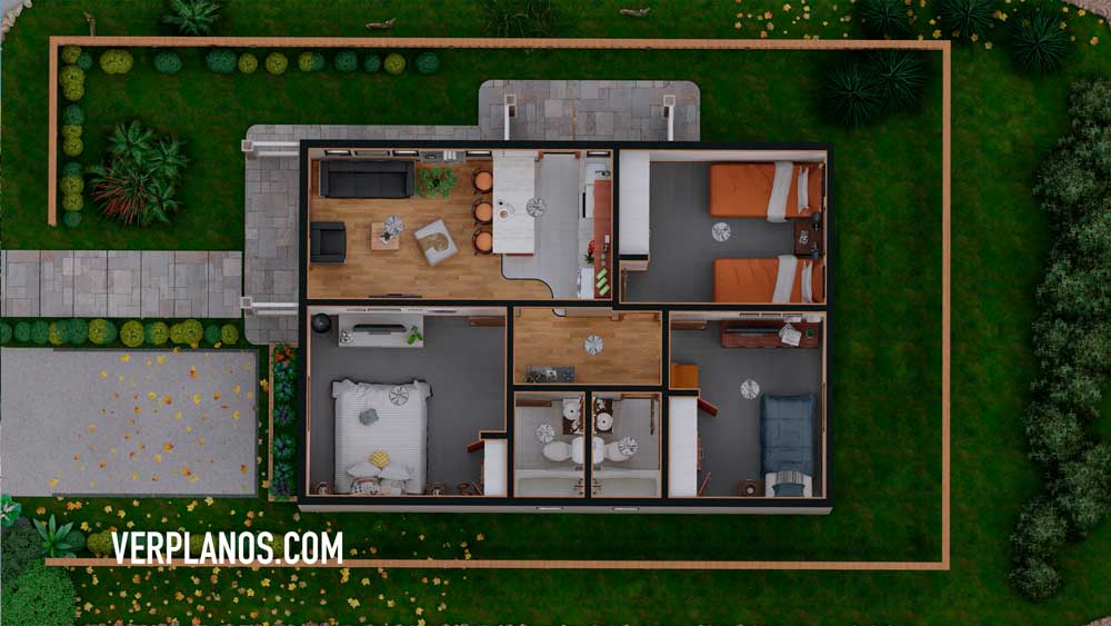 Simple House Design 7x10 Meter 3 Beds 2 Baths Free PDF Full Plan layout 3d Plan
