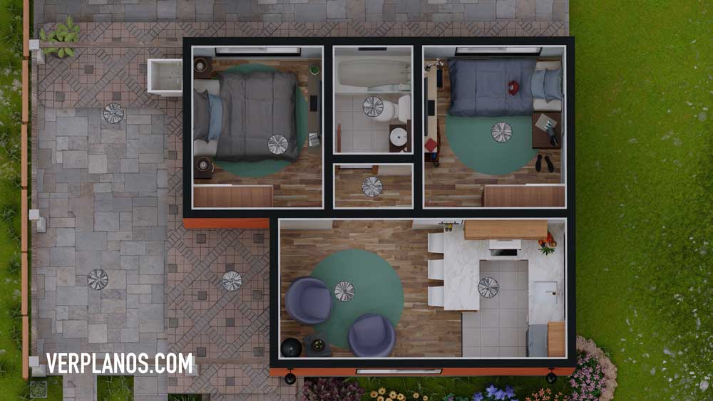 Simple House Plans 7x6 meter 2 Beds 1 Bath Free PDF Full Plan layout 3d plan