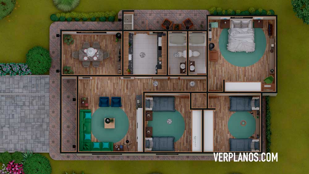Simple House Plans 9x12 Meter 3 Beds 2 Baths Free PDF Full Plan layout 3d plan