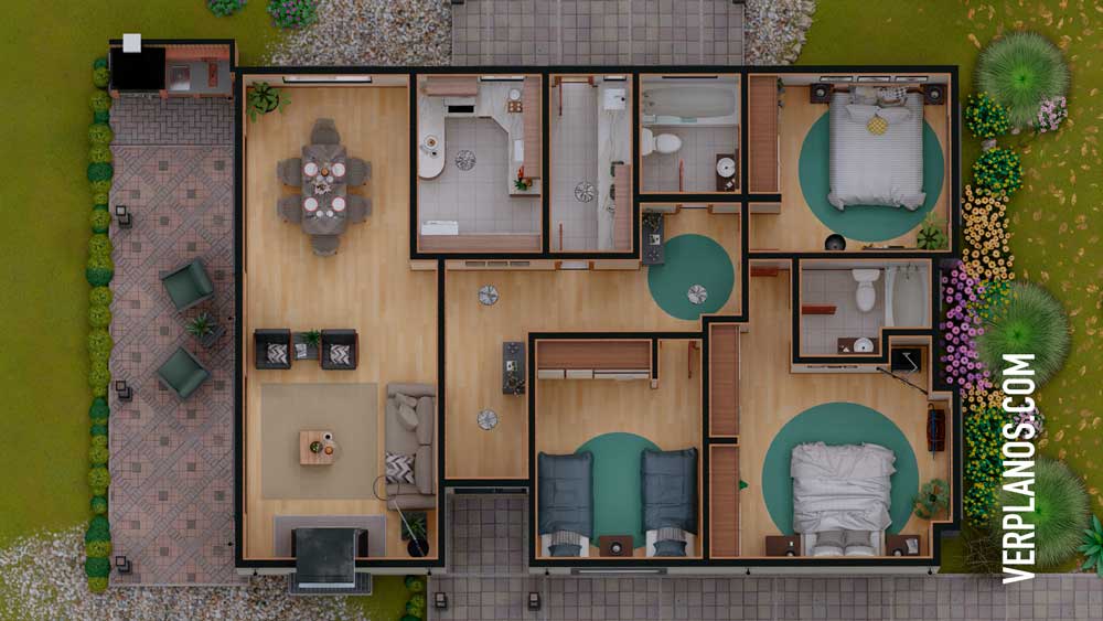 Simple House Plans 9x13 Meter 3 Beds 2 Baths Free PDF Full Plan layout 3d plan