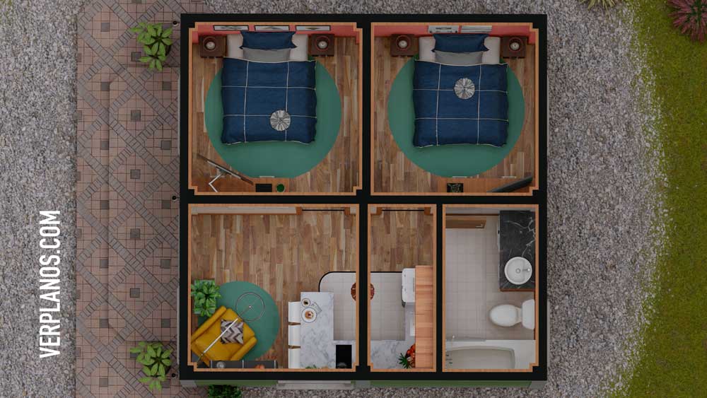 Simple Small House 6x6 Meter 2 Beds 1 Bath Free PDF Full Plan layout 3d plan