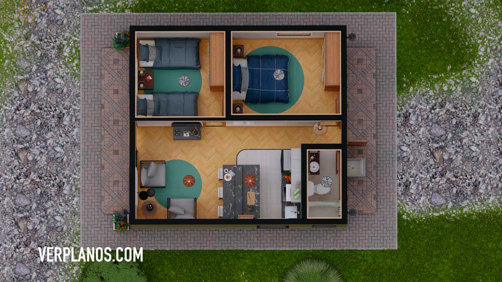 Simple Small Plan 6x7 Meter 2 Beds 1 Bath Free PDF Full Plan layout 3d plan