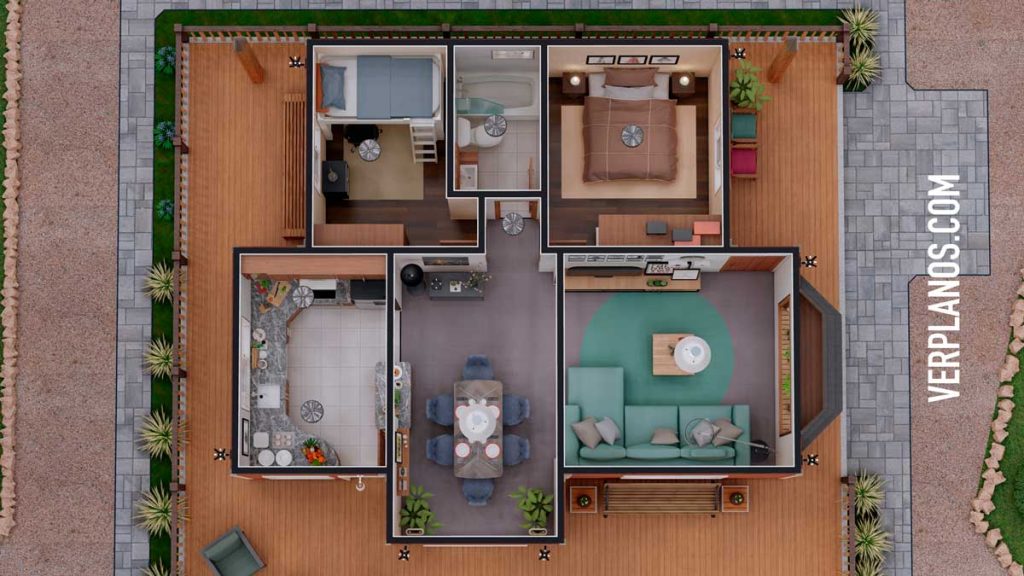 Small House Plans 8x9 Meter 2 Beds 1 Bath Free Full Plan layout 3d plan